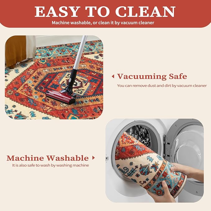 SERISSA Boho Round Area Rug, 5ft Washable Non-Slip Circle Rug, Ultra Soft Oriental Vintage Orange Low-Pile Circular Carpet for Bedroom Entryway Kids Room Office College Dorm Living Room