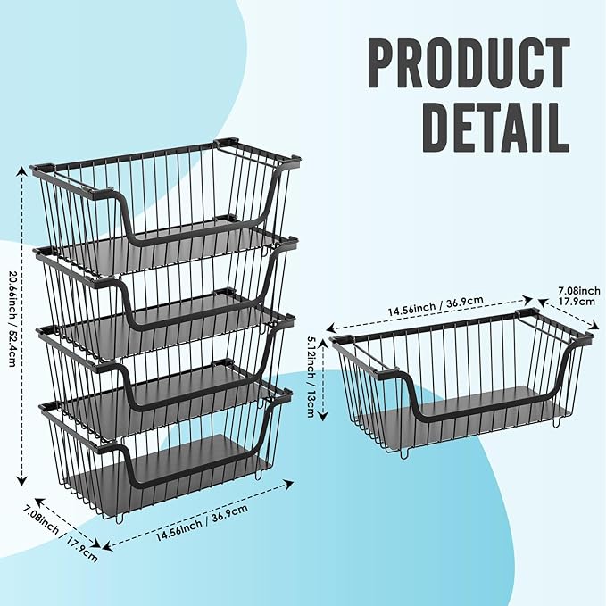 4 Pcs Stackable Wire Baskets for Pantry Organizers and Storage,Vegetable Fruit Basket for Countertop,Kitchen Storage Metal Baskets,Produce Potato Onion Storage Bin,Black