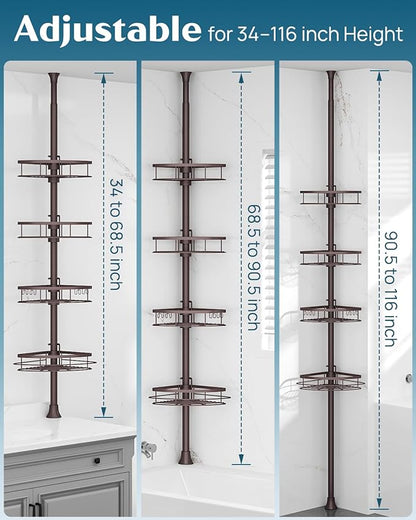 SEIRIONE Rustproof Shower Corner Caddy Organizer for Bathroom,Tension Pole with 4 Baskets, for Bathtub Storage Rack, 34 to 116 Inch Height, Bronze