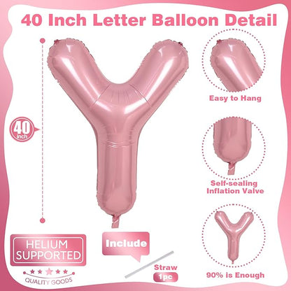 Giant Letter Y Foil Balloon Baby Pink, Pastel Pink Inflatable Word Balloon Y Alphabet Birthday Decor, 40 Inch Pearl Pink A-Z Custom Alphabet Balloons for Girls Baby Shower Party Decoration Supplies