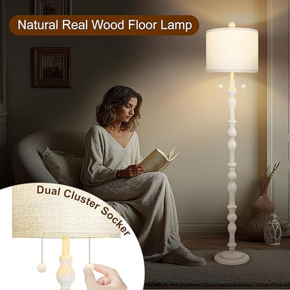 65.5” Natural Real Wood Floor Lamp for Living Room Bedroom, Dual S Cluster Socket, Pull Chains Switch, Farmhouse Tall Standing Lamp with Linen Shade for Home Room Decor (Bulbs Included)