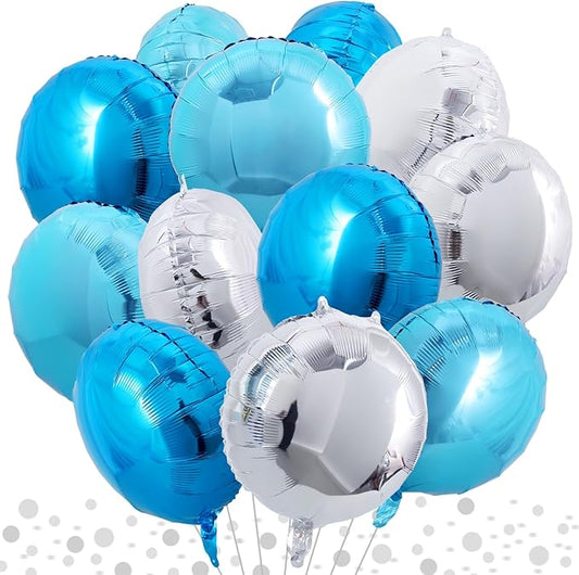 TONIFUL 30Pcs 18 Inch Balloons Large Blue and Silver Round Shape Foil Ballons Big Round Helium Mylar Decorations for Birthday Wedding Baby Shower Anniversary Engagement Party Supplies