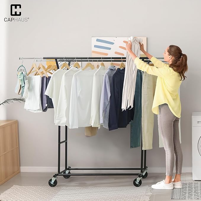 CAPHAUS Heavy Duty Clothes Rack with Double Rods, 440LBS Capacity Rolling Clothing Rack for Hanging Clothes, Adjustable Metal Wardrobe Rack, Garment Rack with Wheels and Extendable Rods, Black