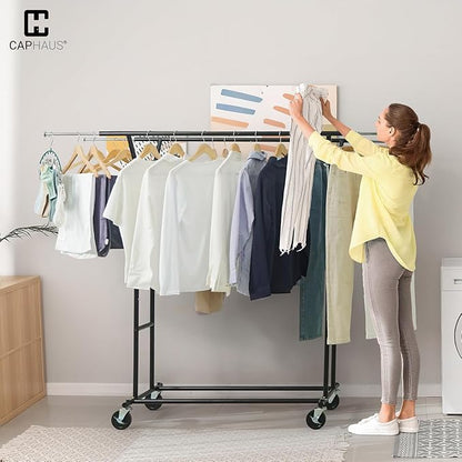 CAPHAUS Heavy Duty Clothes Rack with Double Rods, 440LBS Capacity Rolling Clothing Rack for Hanging Clothes, Adjustable Metal Wardrobe Rack, Garment Rack with Wheels and Extendable Rods, Black