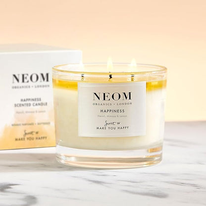NEOM- Happiness Scented Candle, 3 Wick | Essential Oil Aromatherapy Candle | Neroli, Mimosa & Lemon | Scent to Make You Happy