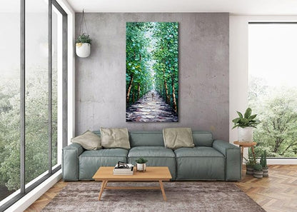 Alenoss Hand Painted Canvas Wall Art, Large Midsummer Forest Landscape Painting, Abstract Oil Painting on Canvas, 24x48 inches, Green, Vertical Wall Art for Living Room, Bedroom