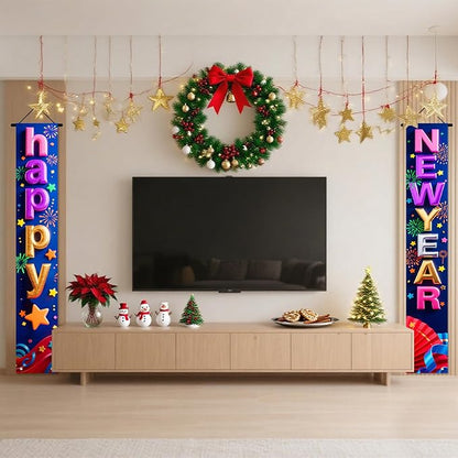 Nuxovilar Happy New Year Banner, 70.86" x 11.81" Colorful Letters Blue Purple Background Hanging Decorations for Outdoor Indoor Home Wall
