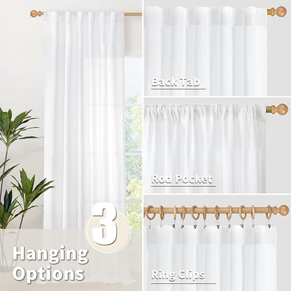YoungsTex 72 Inch Length White Linen Curtains for Living Room 2 Panels, Rod Pocket Back Tab Semi Sheer Drapes for Light Filtering Window Treatments for Bedroom Dining, 52 X 72 Inch