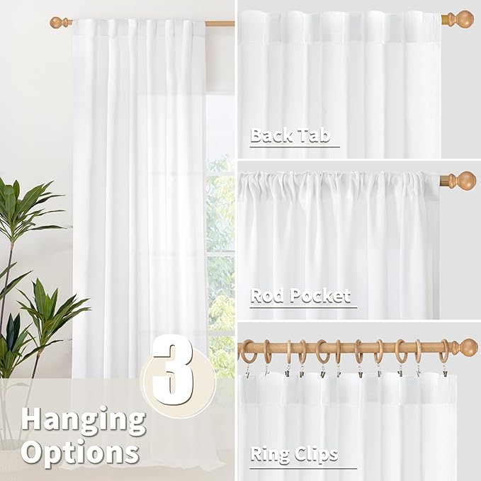 YoungsTex White Linen Curtains 80 Inch Length for Living Room, Light Filtering Semi Sheer Drapes with Rod Pocket Back Tab Privacy for Dining Bedroom Windows, 2 Panels, 52 X 80 Inch