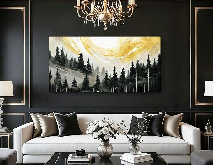 ARTZON Oversized Abstract Canvas Wall Art- Modern Black Gray Yellow Forest Picture Print Pine Trees Landscape Nature Horizontal Minimalist Artwork for Living Room Bedroom Office Decor 58"x29"