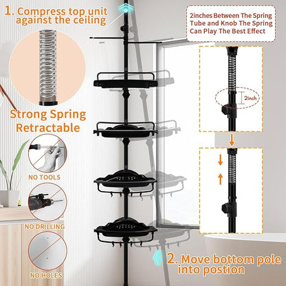 Rustproof Shower Caddy Tension Pole Corner Shower Caddy Organizer 4 Tier Adjustable Shelves with Tension Pole and Large Capacity for Bathtub Shampoo Accessories Storage Rack 38.8-122.7inch