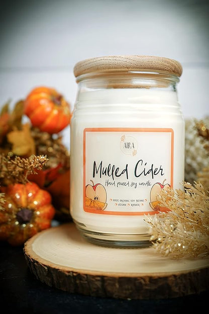 Aira Soy Candles - Organic, Kosher, Vegan, in Farmhouse Jar w/Essential Oils - Hand-Poured 100% Soy Candle - Double Wick, Paraffin Free, Burns 150+ Hours - Fall Candle - Mulled Cider - 20 Ounces