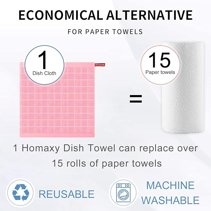 Homaxy 100% Cotton Terry Kitchen Dish Cloths, Ultra Soft and Absorbent Dish Towels for Kitchen, Suitable for Drying and Washing Dishes, 18 Pack, 12 x 12 Inches, Pink