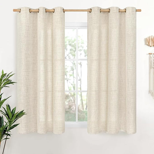 YoungsTex Linen Boho Curtains 54 Inches Length for Living Room Window, Short Semi Sheer Drapes with Bronze Grommet Light Filtering Privacy for Bathroom Bedroom, 42 x 54 Inch, 2 Panels
