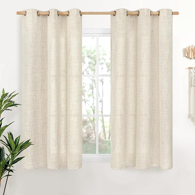 YoungsTex 48 Inches Long Linen Curtains for Short Window, Boho Semi Sheer Drapes Textured Light Filtering with Bronze Grommet Privacy for Kitchen Living Room Windows, 42 x 48 Inch, 2 Panels