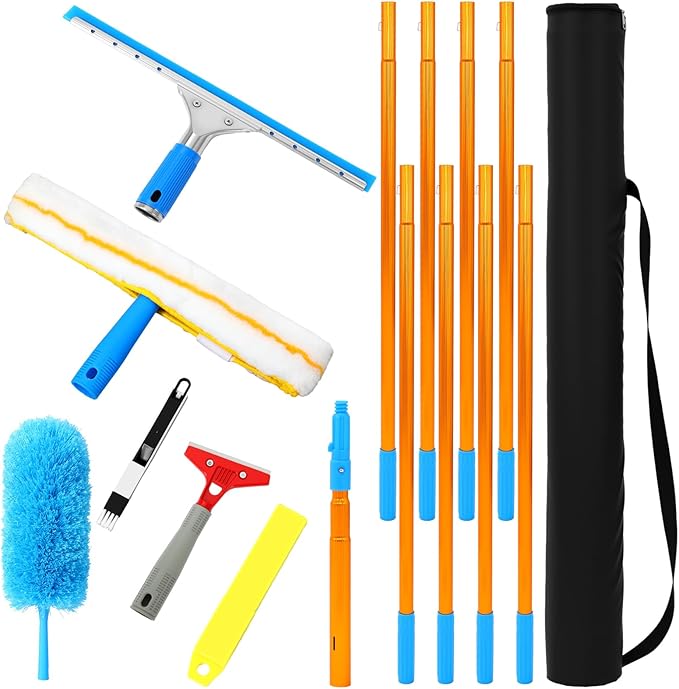 Leinuosen 6-30ft High Window Cleaning Kit with Titanium Alloy Extension Pole 2 in 1 Window Squeegee Scrubber Washable Dust Brush Tools for Indoor Outdoor High Windows Roof Ceilings Wall Car Glass