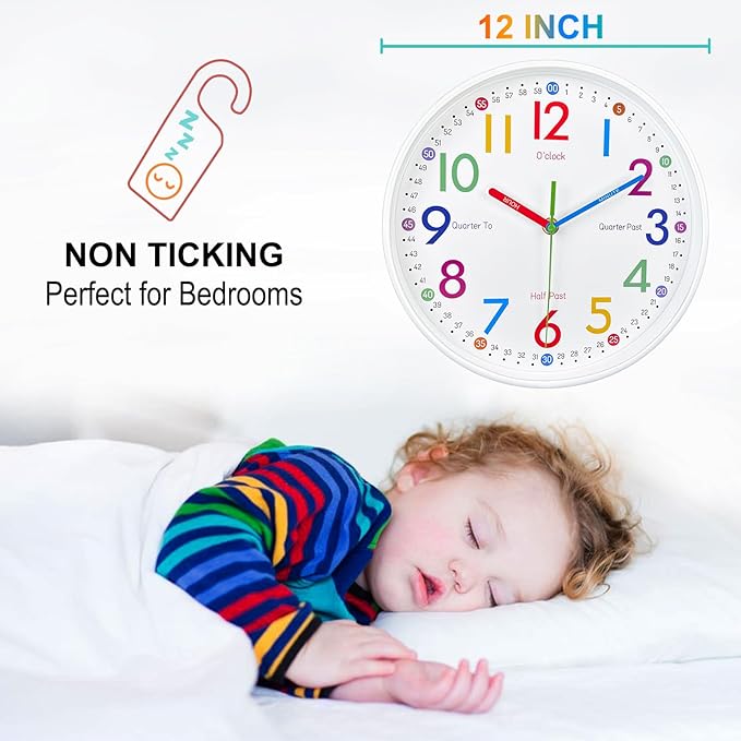 AIRUIFU Learning Clock for Kids-Silent Analog Clock for Bedrooms-Kids Room Decor-12 Inches Colorful Wall Clock Helps Kids Easier to Tell Time