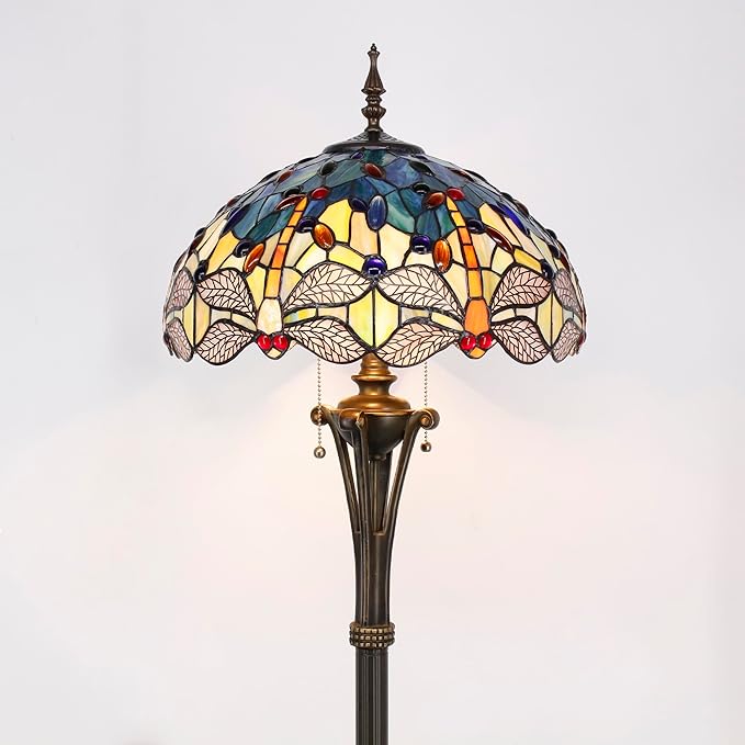 Tiffany Floor Lamp Blue Yellow Stained Glass Dragonfly Standing Reading Light 16X16X70 Inches Antique Pole Corner Lamp Decor Bedroom Office Living Room