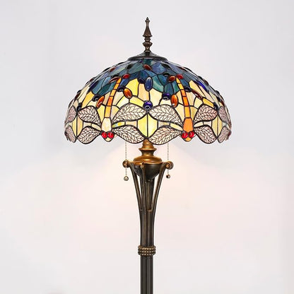 Tiffany Floor Lamp Blue Yellow Stained Glass Dragonfly Standing Reading Light 16X16X70 Inches Antique Pole Corner Lamp Decor Bedroom Office Living Room