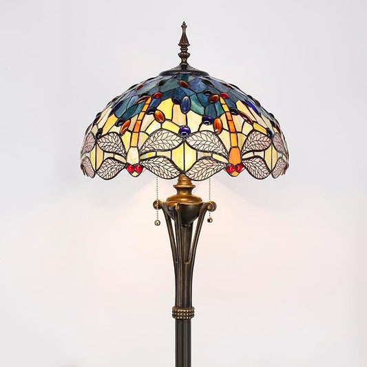 Tiffany Floor Lamp Blue Yellow Stained Glass Dragonfly Standing Reading Light 16X16X70 Inches Antique Pole Corner Lamp Decor Bedroom Office Living Room