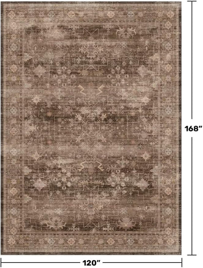 Brown Rug for Living Room 10x14 - Extra Large Vintage Western Unique Neutral Taupe, Washable Low Pile Non-Slip Soft Thin Area Rug for Dining Under Table, Bedroom Under Bed, Home Office