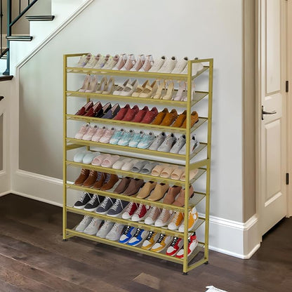 Large Shoe Rack 8 Tier Shoe Organizer, Heavy Duty Metal 4-Tier Stackable Shoe Storage Vertical Shoe Rack for Closet Front Door Entrance, Up to 50 Pairs, 44.8" W x 11.4" D x 56.7" H, Gold
