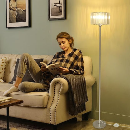 HMVPL Crystal Floor Lamp, Chrome Pole Floor Lamp with K9 Crystal Shade, Silver Standing Lamp with On/Off Switch, Modern Corner Tall Lamp for Living Room Bedroom Nursery Office Home Decor
