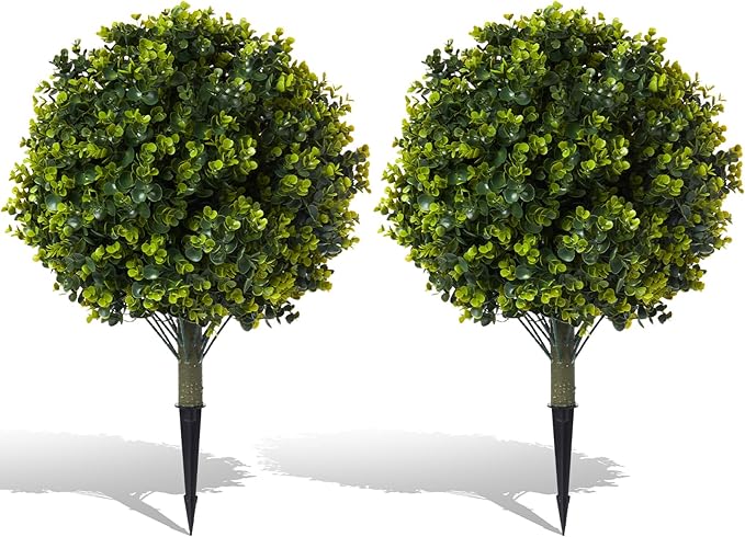Pair(2) Artificial Boxwood Topiary Ball Bush for Outdoor with Ground Spike,30" UV Resistant Faux Boxwood Ball Tree, Fake Green Boxwood Plants for Garden, Yard, Porch, Patio Decor