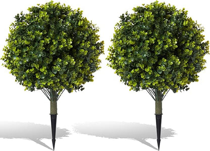 Pair(2) Artificial Boxwood Topiary Ball Bush for Outdoor with Ground Spike,30" UV Resistant Faux Boxwood Ball Tree, Fake Green Boxwood Plants for Garden, Yard, Porch, Patio Decor