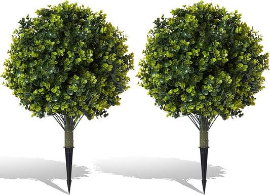 Pair(2) Artificial Boxwood Topiary Ball Bush for Outdoor with Ground Spike,30" UV Resistant Faux Boxwood Ball Tree, Fake Green Boxwood Plants for Garden, Yard, Porch, Patio Decor