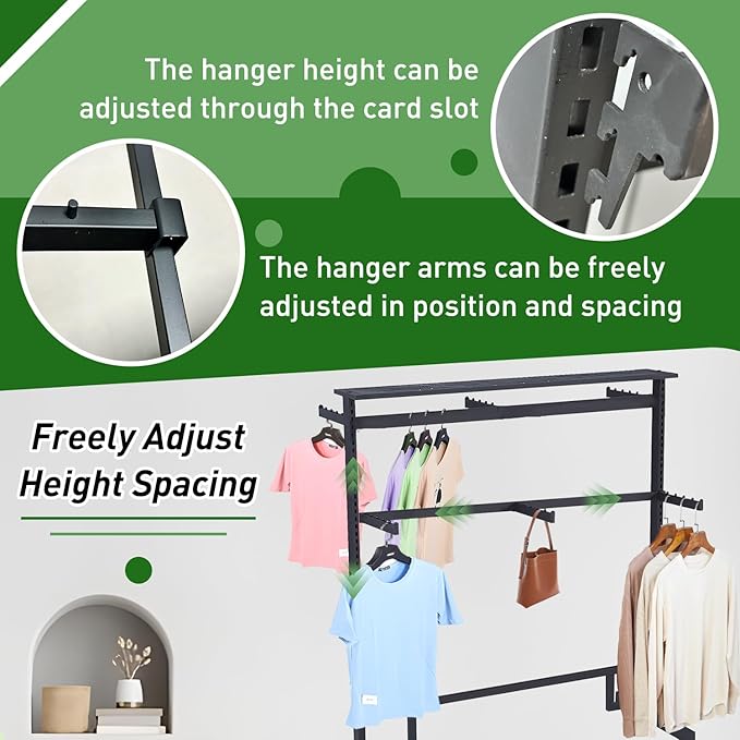 Retail Clothing Rack with wheels, 6 Arms Commercial Clothing Display, Height Adjustable Garment Rack, Free Standing Metal Clothing Rack, for Retail clothing store Home Laundry Room (black)