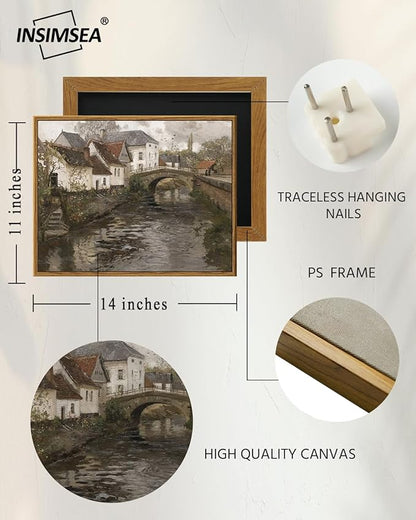 InSimSea Framed Canvas Wall Art Vintage Decor, Landscape Wall Art Prints, Riverside Small Town Canvas Prints, Rustic Farmhouse Wall Decor for Bedroom Living Room, Retro Room Decor, 11"x14"