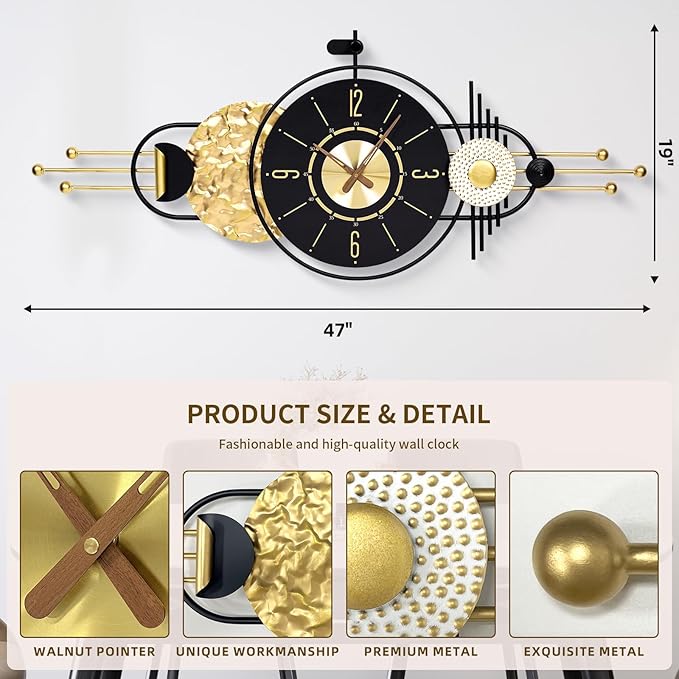 47x19 Inches Large Modern Decorative Wall Clock, Abstract Non-Ticking Battery Operated Analog Clocks for Living Room, Bedroom, Home & Office - Easy to Read
