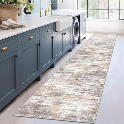 KOZYFLY Modern Abstract Washable Rug Runner 2.6x12 Hallway Rug Runner Non-Slip Soft Kitchen Runner Rugs, Multi Grey Striped Carpet for Entryway Bathroom Laundry Room Foyer
