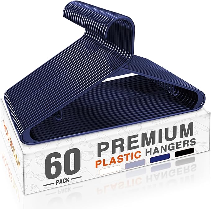 HOUSE DAY Blue Plastic Hangers 60 Pack, Clothes Hangers with Non Slip Hooks, Durable & Space Saving Coat Hanger, Light-Weight Clothing Hangers, Perfect Closet Organizer for Everyday Use