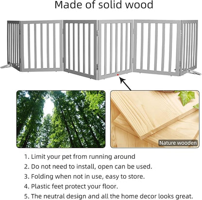 Dog Gate Indoor, Freestanding Dog Fence for The House, Doorways, Hallways,or Stairs,Pet Gate Foldable Wooden,Expandable 32" Height 6 Panels,Grey