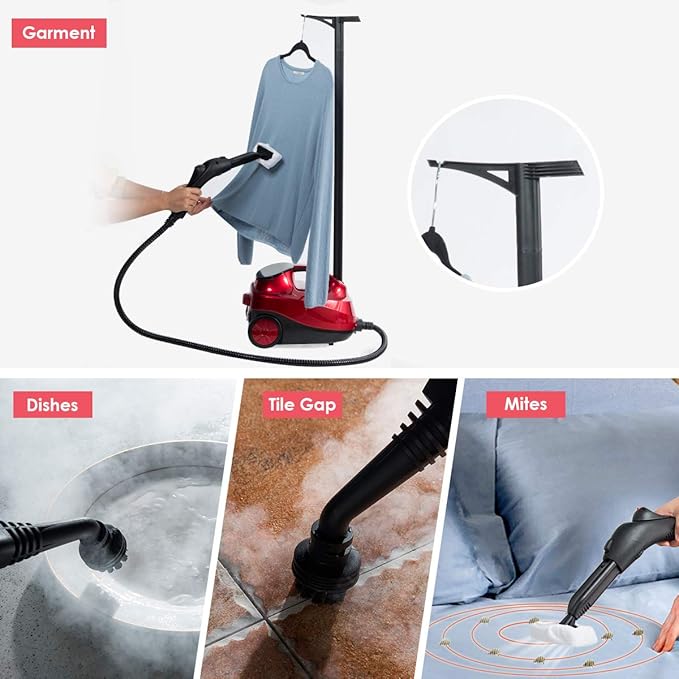 COSTWAY 2000W Multipurpose Steam Cleaner with 19 Accessories, Household Steamer with 1.5L Tank for Cleaning, Heavy Duty Rolling Cleaning Machine for Carpet, Floors, Windows and Cars, Red
