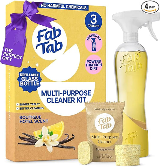 Fab Tab Multi Purpose Cleaner Cleaning Tablets, Eco-Concious Refillable Glass Bottle System with Boutique Hotel Scent, Safe For Family and Pets - Chemical-Free, Plastic-Free - 3 Count