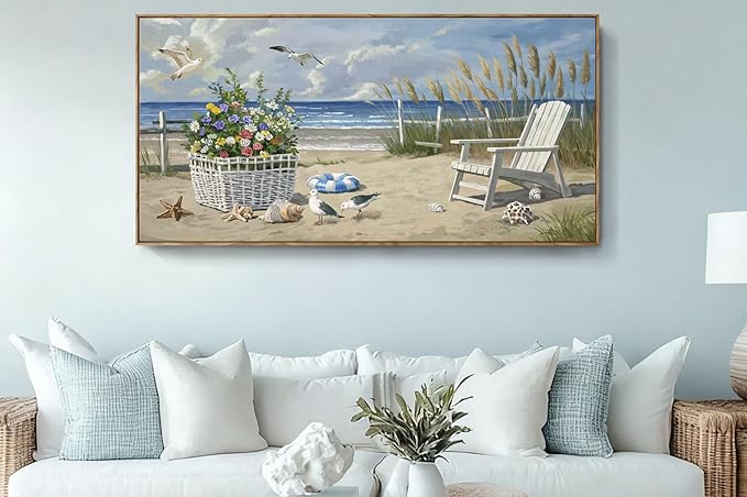 ARTZON Sea Landscape Wall Art – Large Framed Seaside Seashell Starfish Flower Basket Beach Scene Canvas Painting Horizontal Prints Picture for Dorm, Hallway, 48x24 Inch