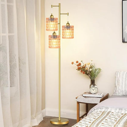 3 Lights Tree Floor Lamps for Living Room,Gold Modern Floor Lamps with Amber Glass Shades,Vintage 68IN Standing Tall Lamp with 800 Lumens Bulbs,Mid Century Floor Lamp for Bedroom Corner Office