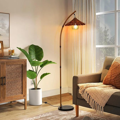 beaysyty Bamboo Floor lamp Mid Century Rattan Retro Floor lamp Bohemian,Arc Floor Lamps for Living Room Tall Reading Lamps Antique Rattan Style for Bedroom Dining Room Farmhouse Study (Brown)