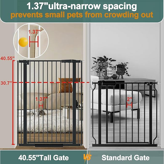 40.55" Tall 1.37" Ultra Narrow Spacing Dogs Pets Baby Gate for Doorway Safety Proof Indoor 69.48-77.36" Extra Wide Puppy Pressure Mounted No Drill Walk Through Black Metal Hallway