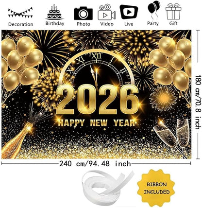 MEHOFOND 8x6ft Black and Gold 2026 Happy New Year Backdrop Cheers to 2026 New Year Eve Glitter Photography Background Hello 2026 Party Champagne Balloon Fireworks Decor Banner Cake Smash Photo Props