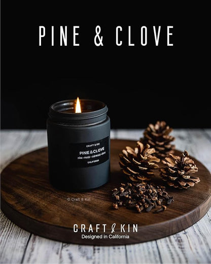 Craft & Kin Premium Pine & Clove Candle | Black Scented Candles for Home | Long Lasting with 45 Hour Burn Time, 7.6oz | Soy Candles | Aromatherapy at Home