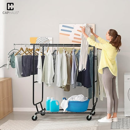 CAPHAUS Heavy Duty Clothes Rack with Double Rods, 660LBS Capacity Rolling Clothing Rack for Hanging Clothes, Adjustable Metal Wardrobe Rack, Garment Rack with Shelf, Wheels, Extendable Rods, Black