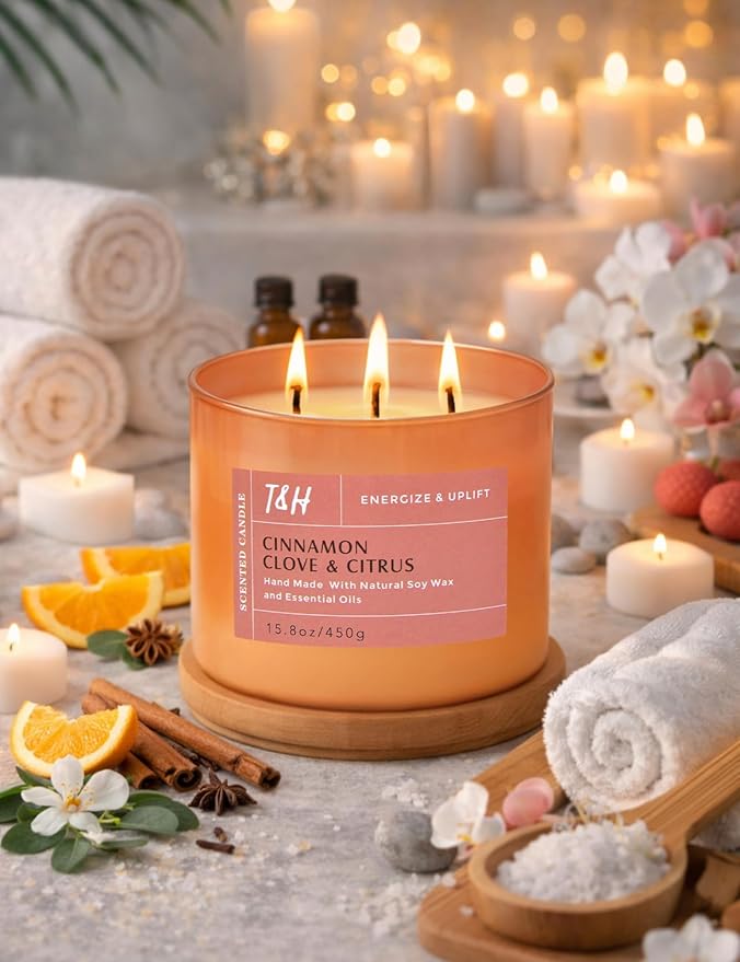 Cinnamon Clove Citrus 3 Wick Soy Candle Large 15.8oz | Spiced Orange Scented Candles for Home | Clean Burn Long Lasting Candle | Warm Cozy Aromatherapy Candle | Housewarming Birthday Gift