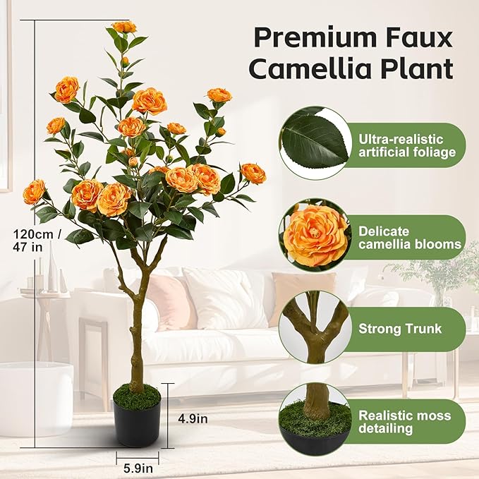 47" Artificial Camellia Tree,2 Pack Fake Flower Plants Artificial Tree with Greenery Leave, Faux Plants with Orange Flowers for Summer Modern Office Outdoor Outside Decor Front Door
