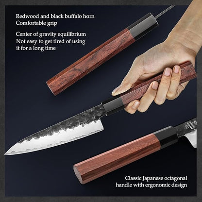 HEZHEN 5.3" Utility Knife, Clad Steel Composite Forging Steel Universal Knife, Petty Knife Paring Fruit Peeling,Japanese Style Kitchen Knife,Natural Wood Octagonal Handle