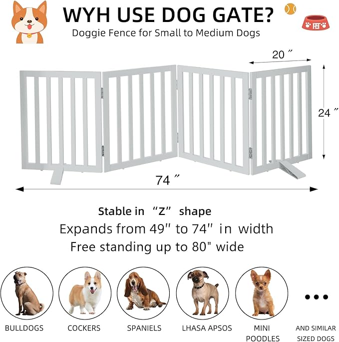 Dog Gate Indoor, Freestanding Dog Fence for The House, Doorways, Hallways,or Stairs,Pet Gate Foldable Wooden,Expandable 24" Height 4 Panels,White