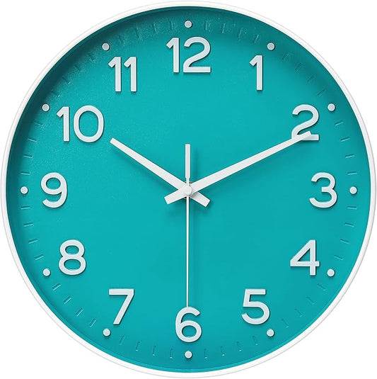 MEIRED Wall Clock 12 Inch Silent Non Ticking Battery Operated Round Wall Clock Modern Simple Style Decor Clock for Home/Office/School/Kitchen/Bedroom/Living Room, Teal and White